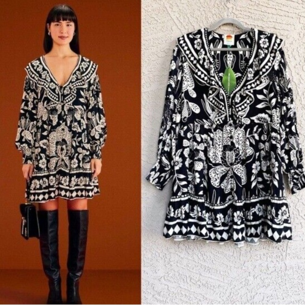 FARM RIO NWT Black & White Graphic Tropical Floral Bird Printed Ruffle Dress S - Picture 5 of 9